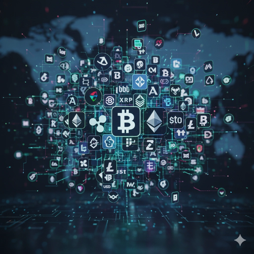 An image showing a variety of cryptocurrency logos and symbols.